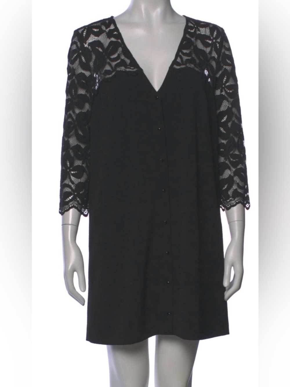 Sezane Black Lace Yoke Button-Front Chemise